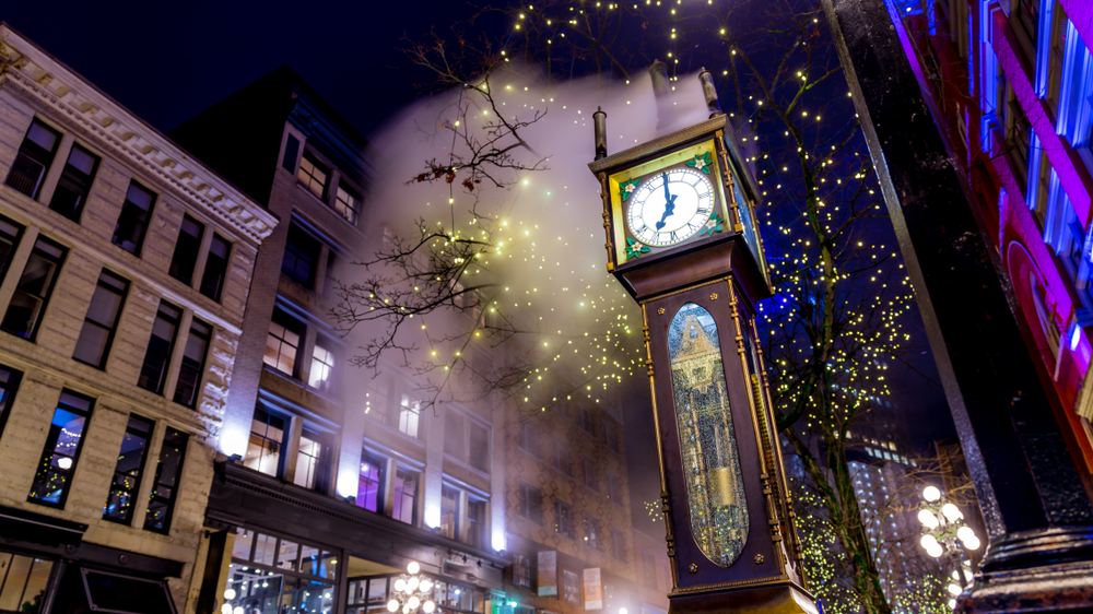 Reloj de vapor del Gastown de noche