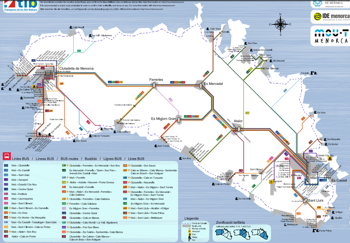 Mapa de autobuses de Menorca