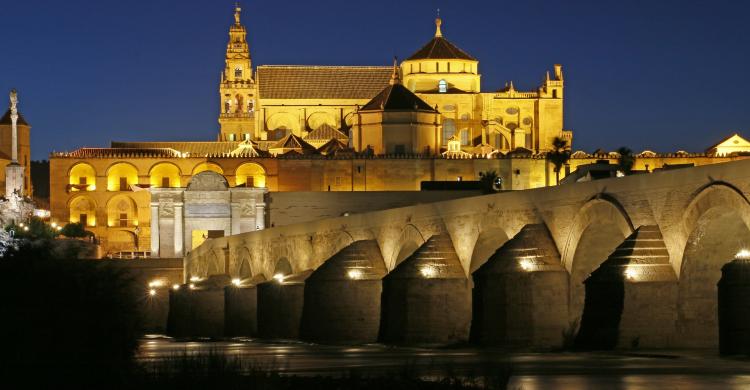 Mezquita-Catedral de Córdoba y el Puente Romano por la noche