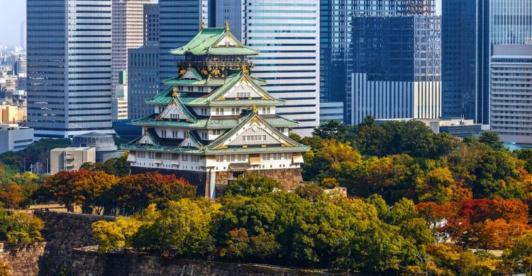 Vistas de la ciudad de Osaka, su castillo y rascacielos
